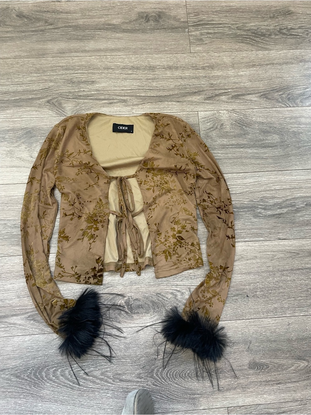 Cider Taupe Floral Tie-Front Cardigan with Black Feather Cuffs